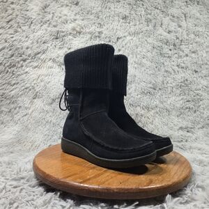 The North Face Women 7.5 Black Suede Fold Over Sweater Winter Snow Moccasin Boot